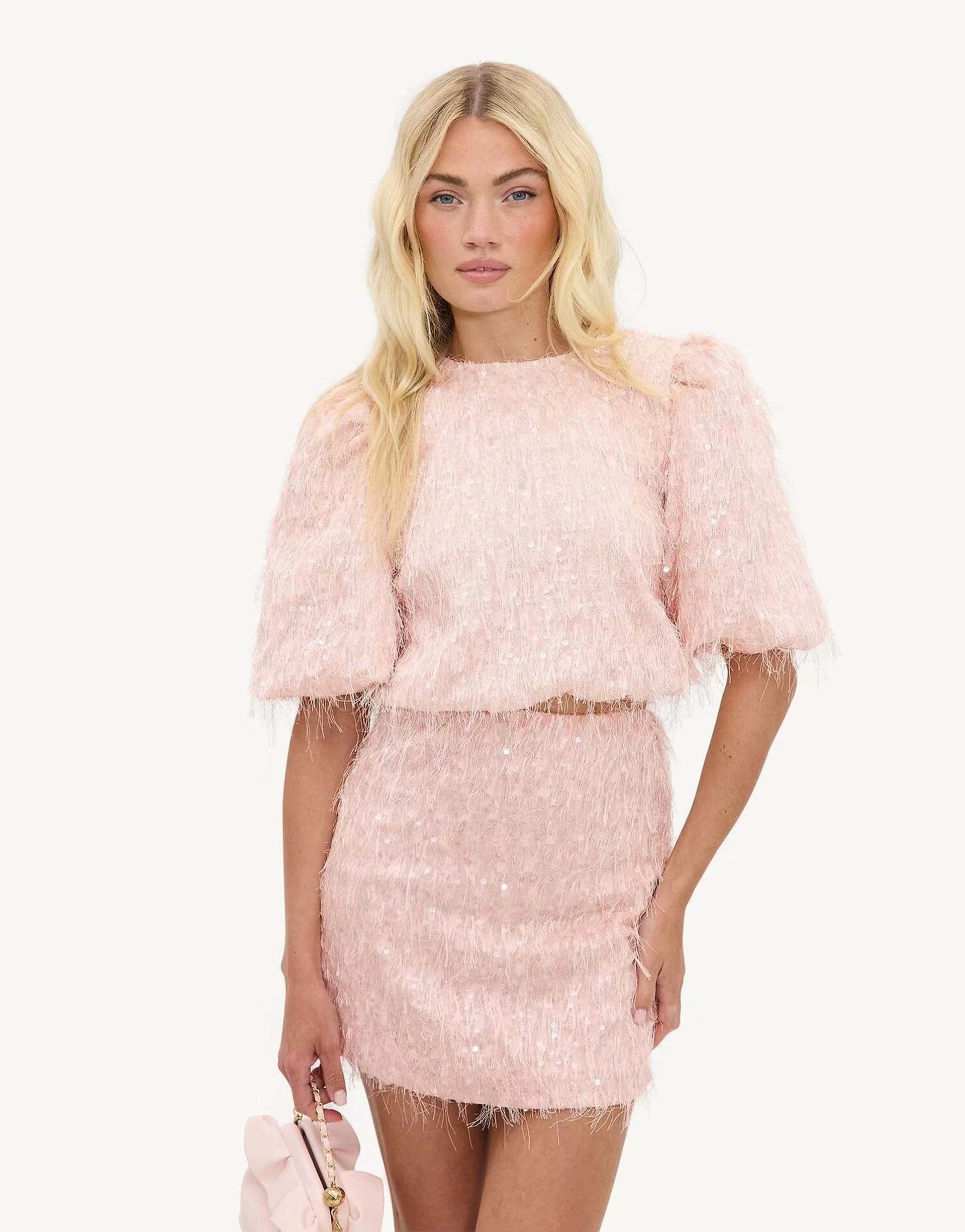 ASOS Loavies Night bloom pink skirt with sequins and fringe in light pink