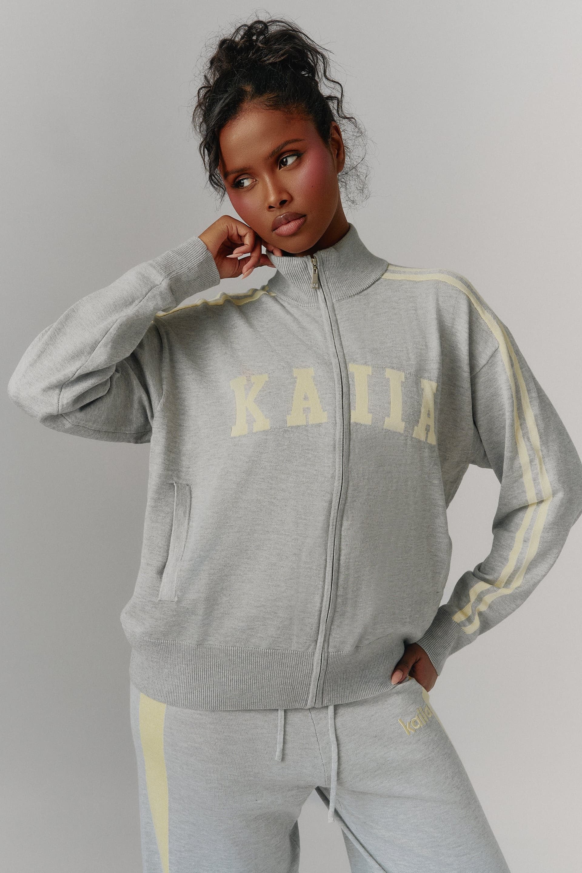 Kaiia Kaiia Lightweight Knit Sport Stripe Zip Through Sweatshirt Grey Marl & Lemon