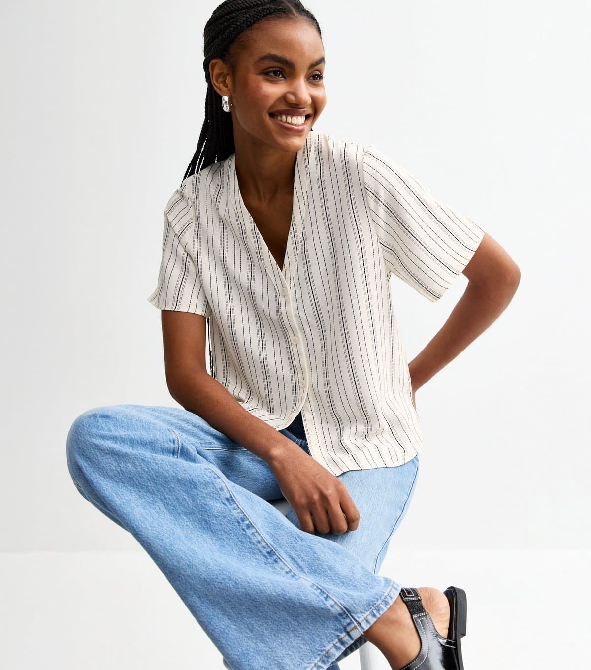 New Look New Look White Striped V-Neck Top