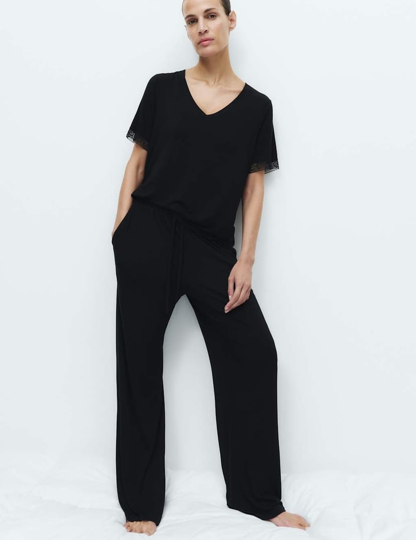 Marks & Spencer M&S Lace Trim Wide Leg Pyjama Set Black - 1