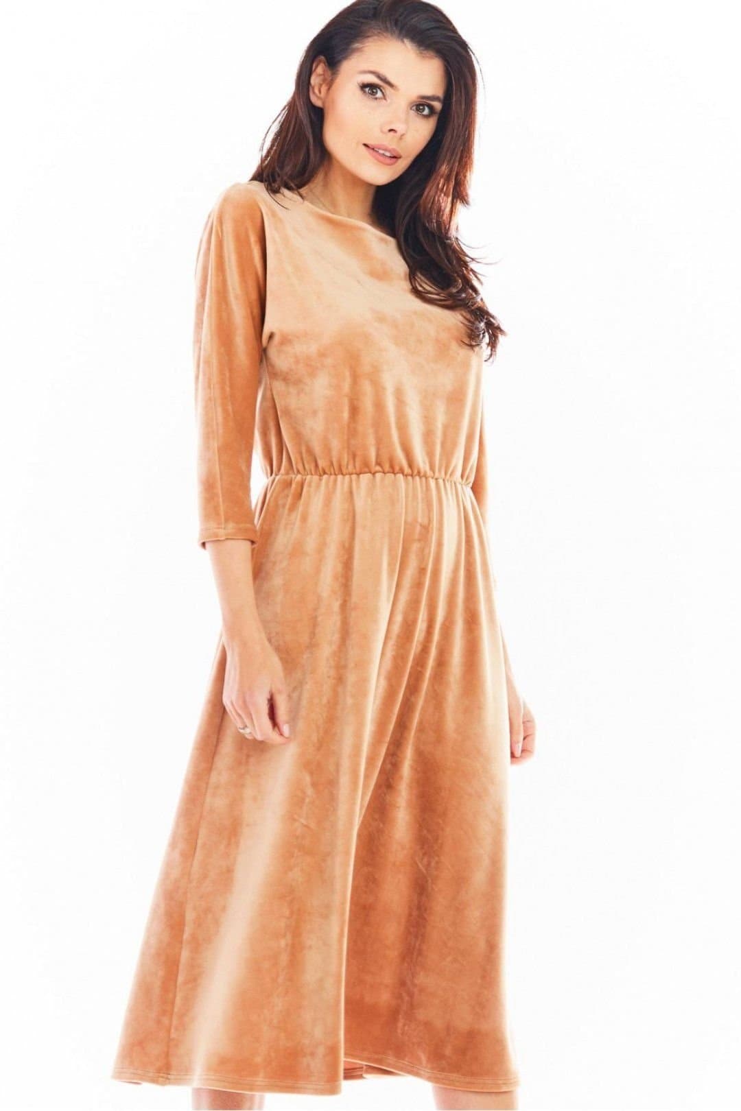 Love Lace Love Lace Women's Velour Midi Dress with 3/4 Sleeves in Beige