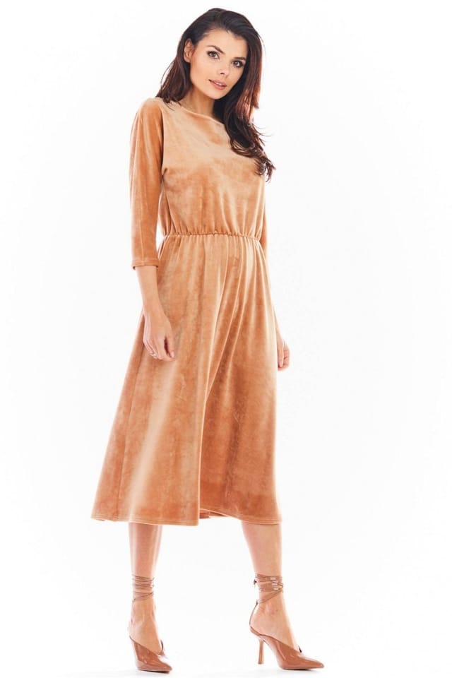 Love Lace Love Lace Women's Velour Midi Dress with 3/4 Sleeves in Beige - 2