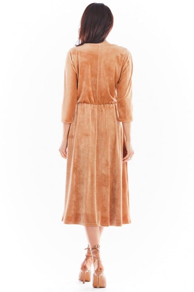 Love Lace Love Lace Women's Velour Midi Dress with 3/4 Sleeves in Beige - 3