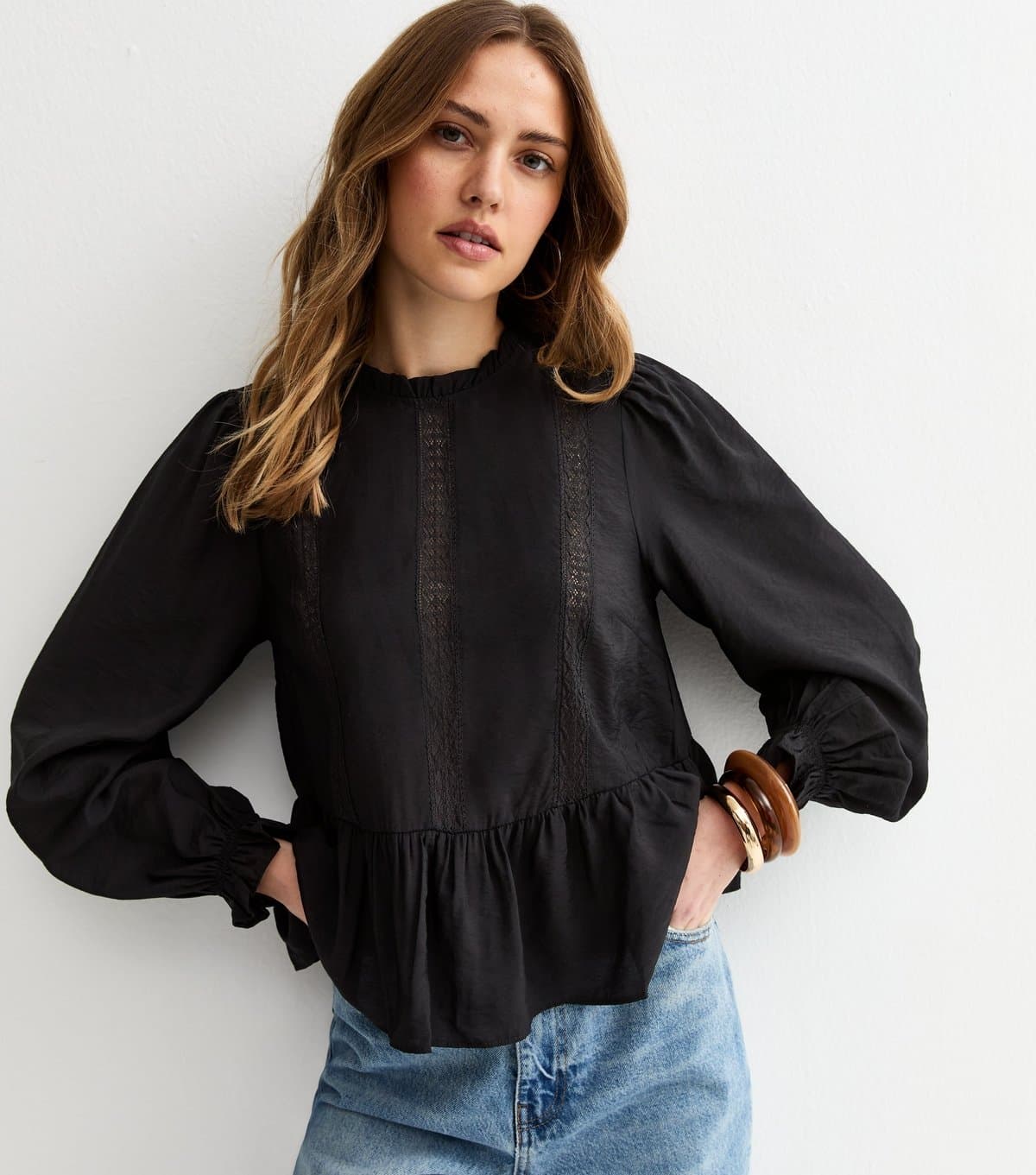 New Look Women's Black Lace Insert Frill Neck Blouse New Look