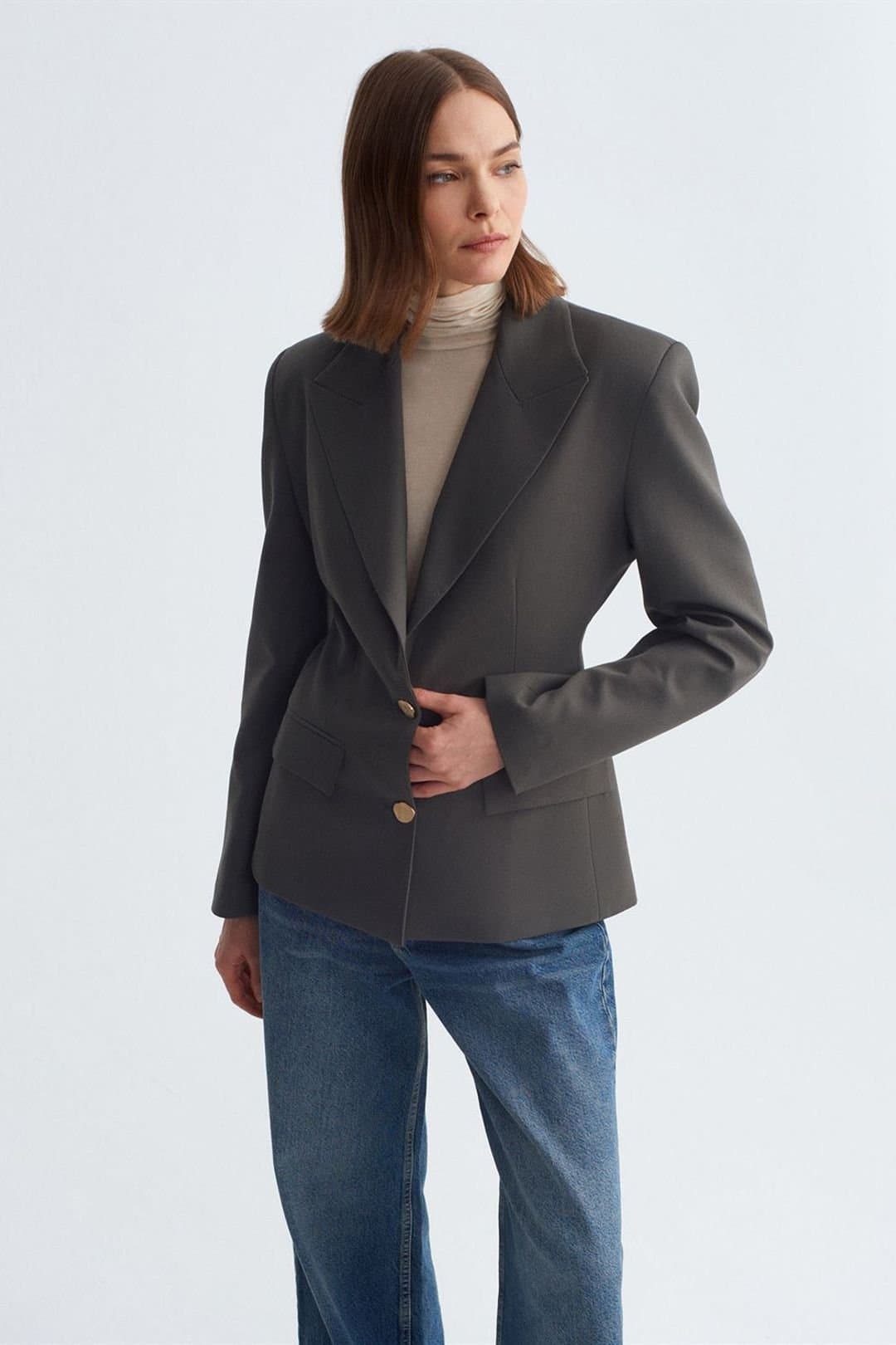 Dilvin Dilvin Charcoal Crepe Blazer with Shawl Collar