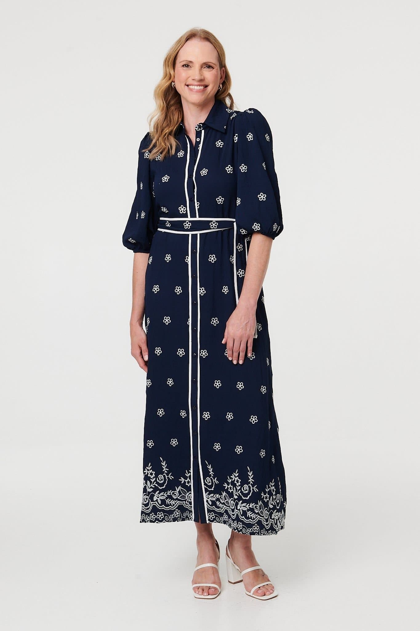 Izabel London Izabel London Women's Embroidered Texture Tie Waist Maxi Dress in Navy