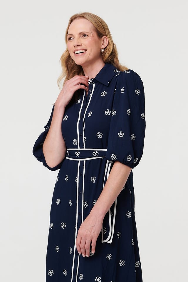 Izabel London Izabel London Women's Embroidered Texture Tie Waist Maxi Dress in Navy - 2