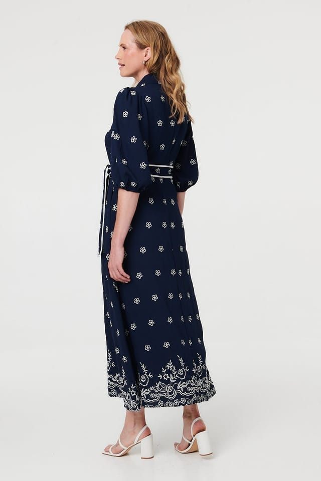 Izabel London Izabel London Women's Embroidered Texture Tie Waist Maxi Dress in Navy - 3