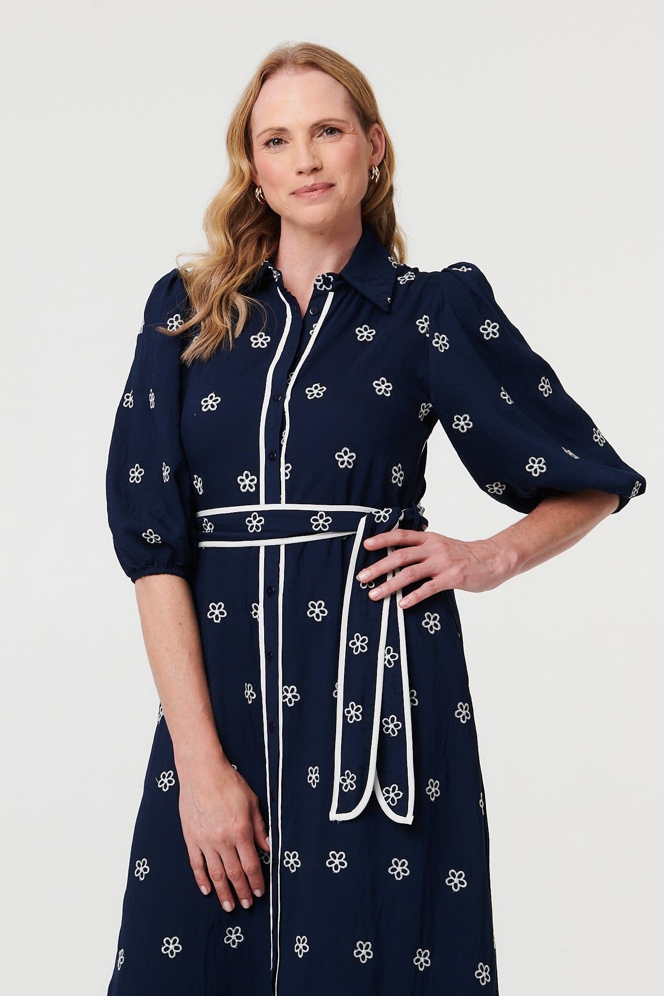 Izabel London Izabel London Women's Embroidered Texture Tie Waist Maxi Dress in Navy - 4