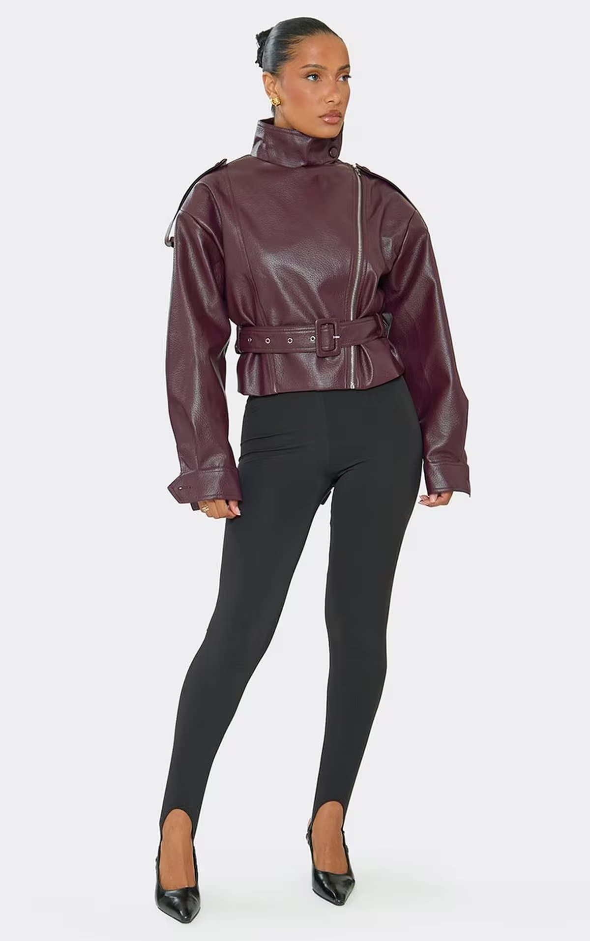 EGO EGO Burgundy Faux Leather Funnel Neck Biker Jacket