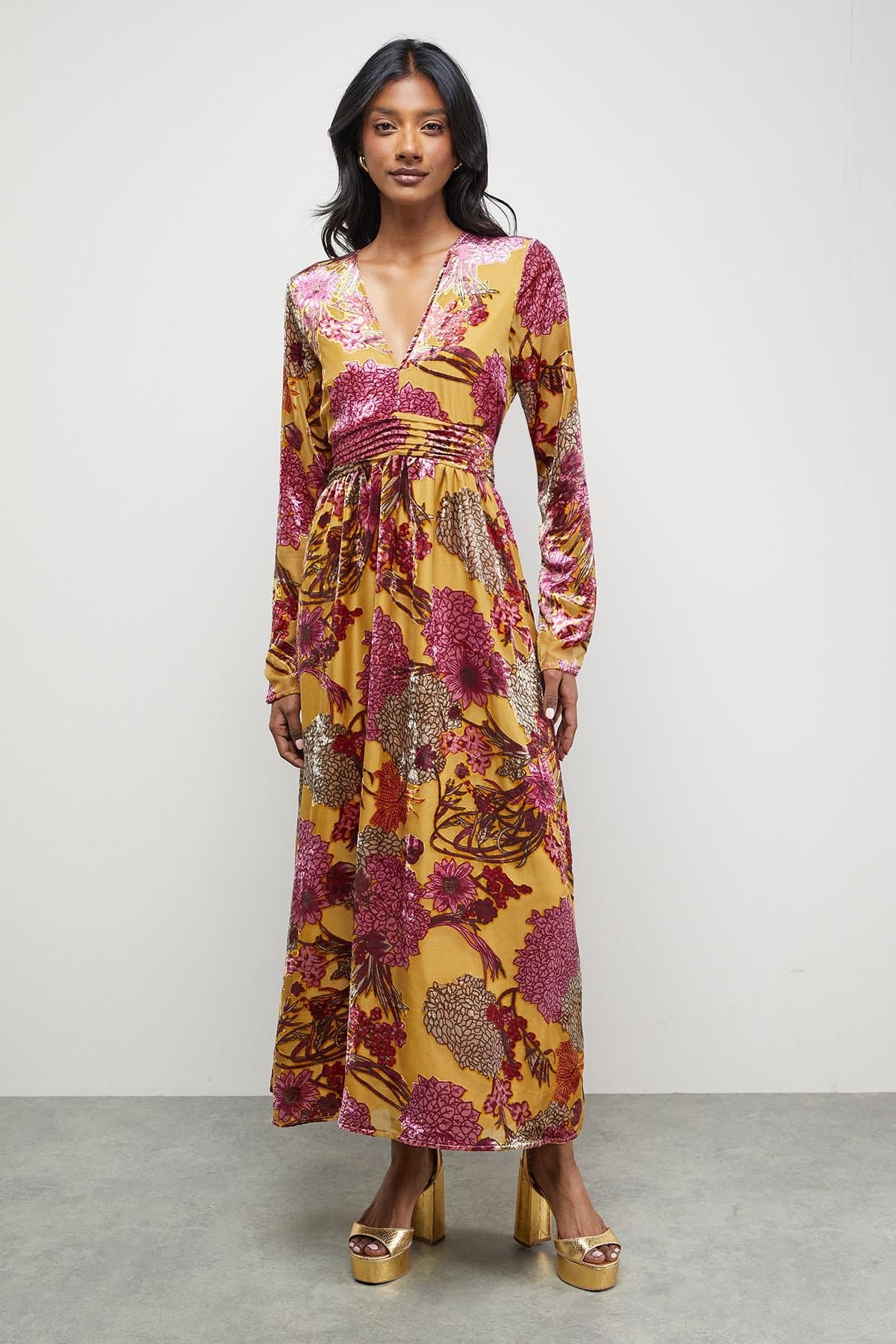 Warehouse Warehouse Women's Burnout Velvet Plunge Neck Waisted Midi Dress in Ochre