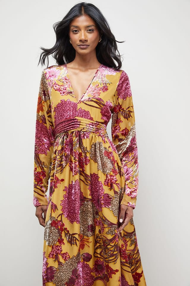 Warehouse Warehouse Women's Burnout Velvet Plunge Neck Waisted Midi Dress in Ochre - 2