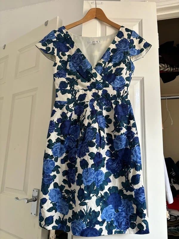 LK Bennett Silk & Linen Blue Floral Dress-Elegant & Timeless,size 8