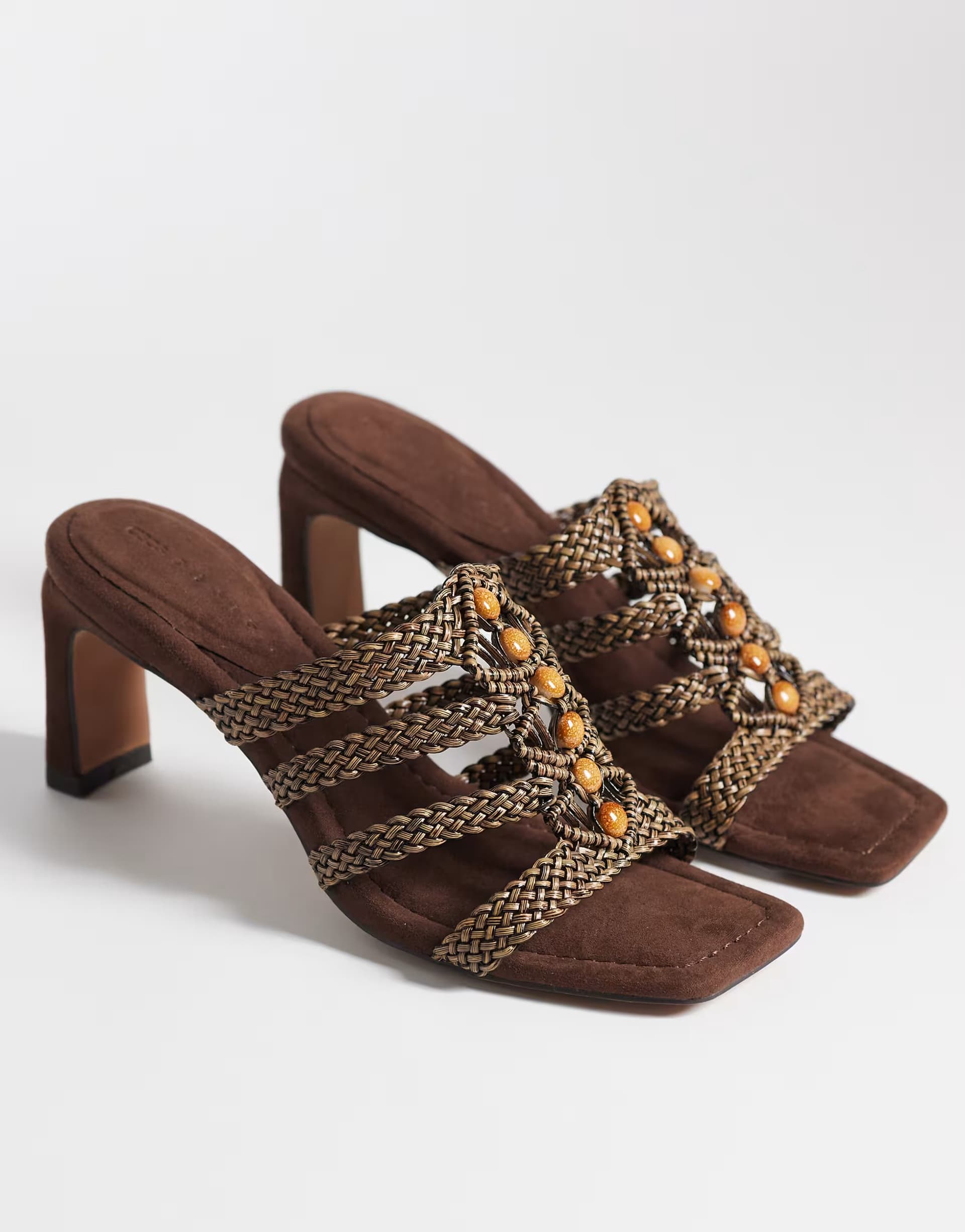 ASOS ASOS DESIGN Hide beaded weave detail mid heeled mules in chocolate