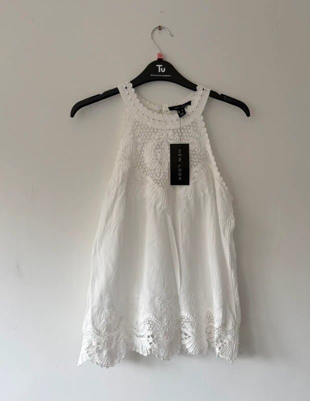 New Look New Look White Crochet Halter Neck Summer Top - Size Small