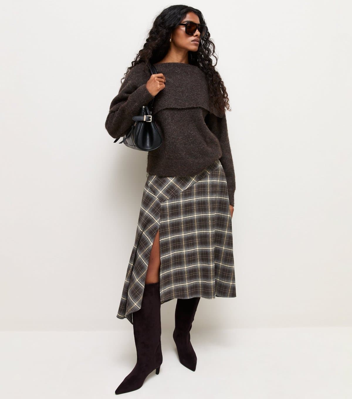 New Look Women's Petite Brown Check Hanky Hem Midi Skirt New Look