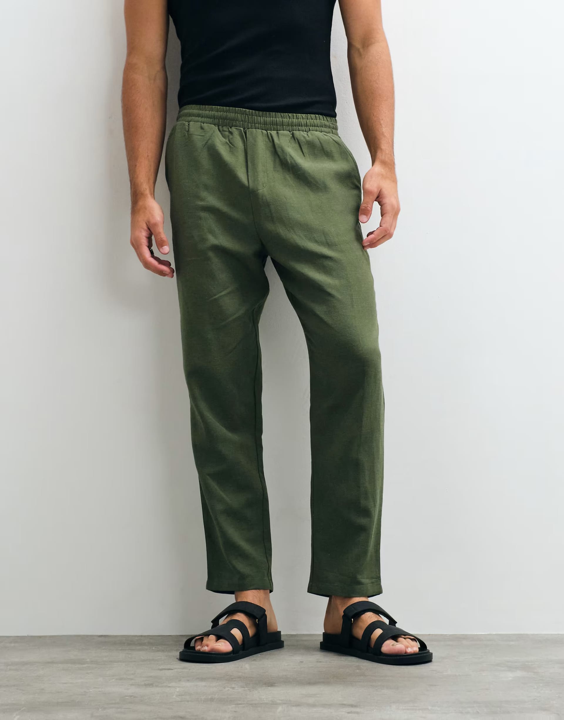 ASOS Olive Linen Mix Straight Leg Trousers