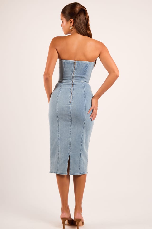 Jaded Rose Jaded Rose Women's Steffie Light Denim Strapless Corset Midi Pencil Dress in Mid Blue - 2