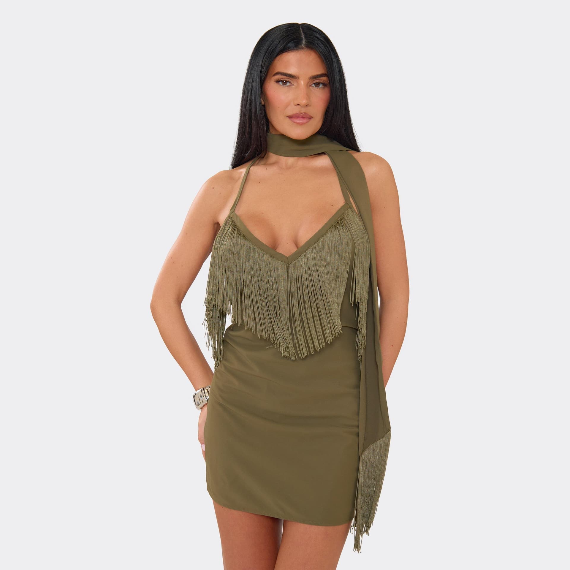 EGO V Neck Tassel Scarf Detail Mini Dress In Khaki, Women's Size UK 6