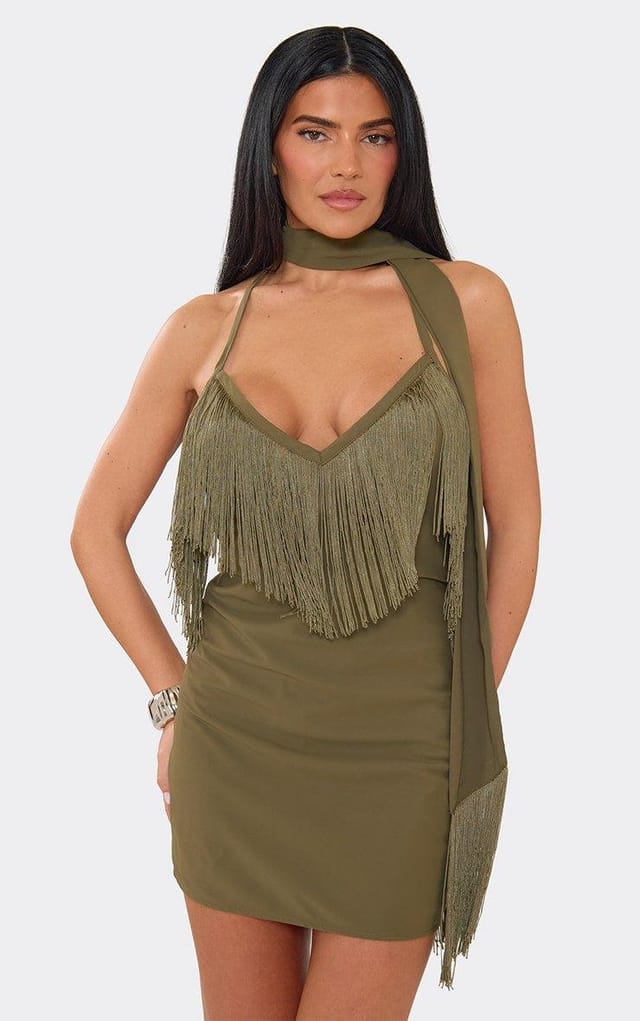 EGO V Neck Tassel Scarf Detail Mini Dress In Khaki, Women's Size UK 6 - 2
