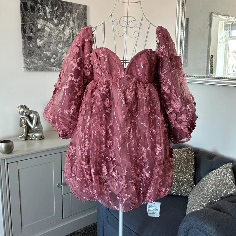 Asos luxe ASOS Luxe Rose Sequin & 3D Flower Embellished Mesh Lace Bandeau Bubble Hem Mini Dress 8 RRP £140