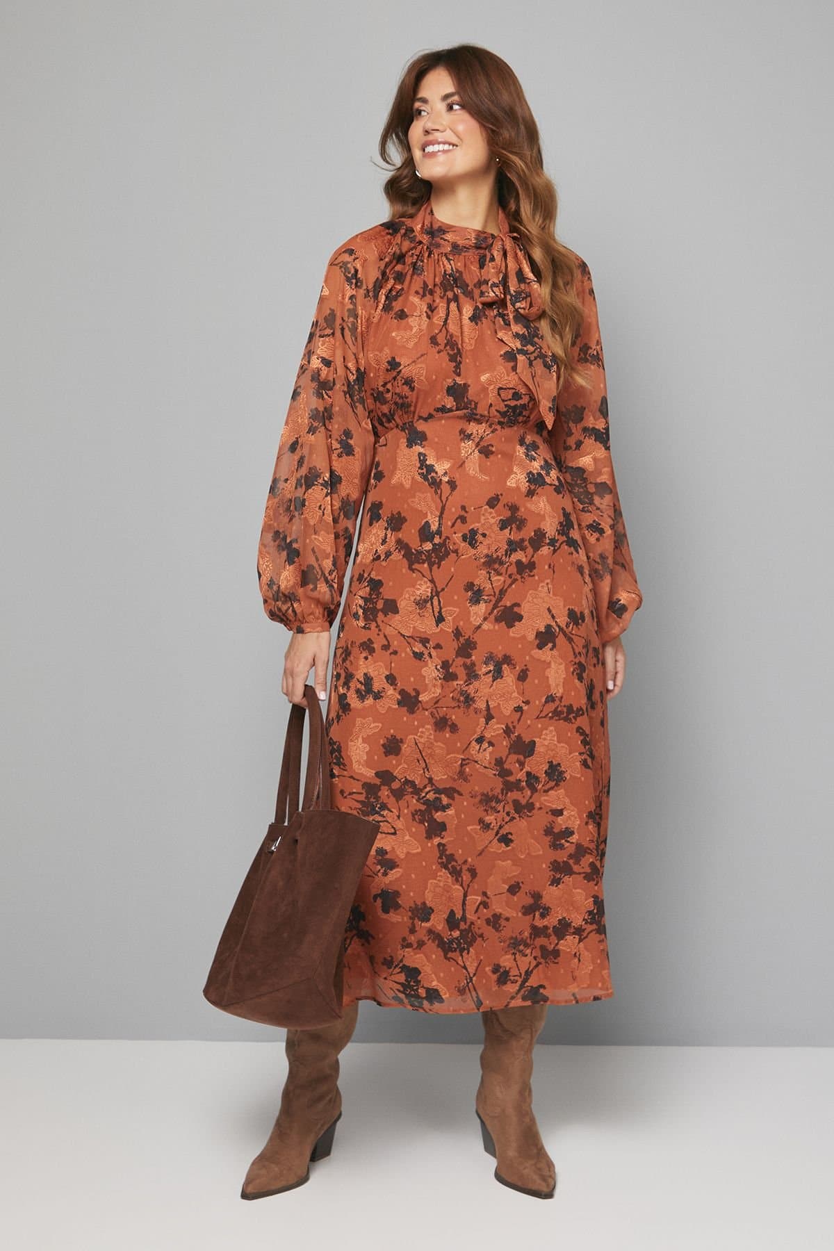 Wallis Wallis Women's Floral Burn Out Tie Neck Midi Dress in Burnt Orange
