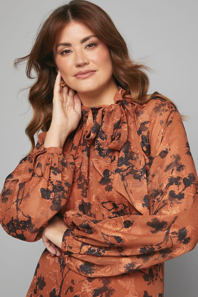 Wallis Wallis Women's Floral Burn Out Tie Neck Midi Dress in Burnt Orange - 3