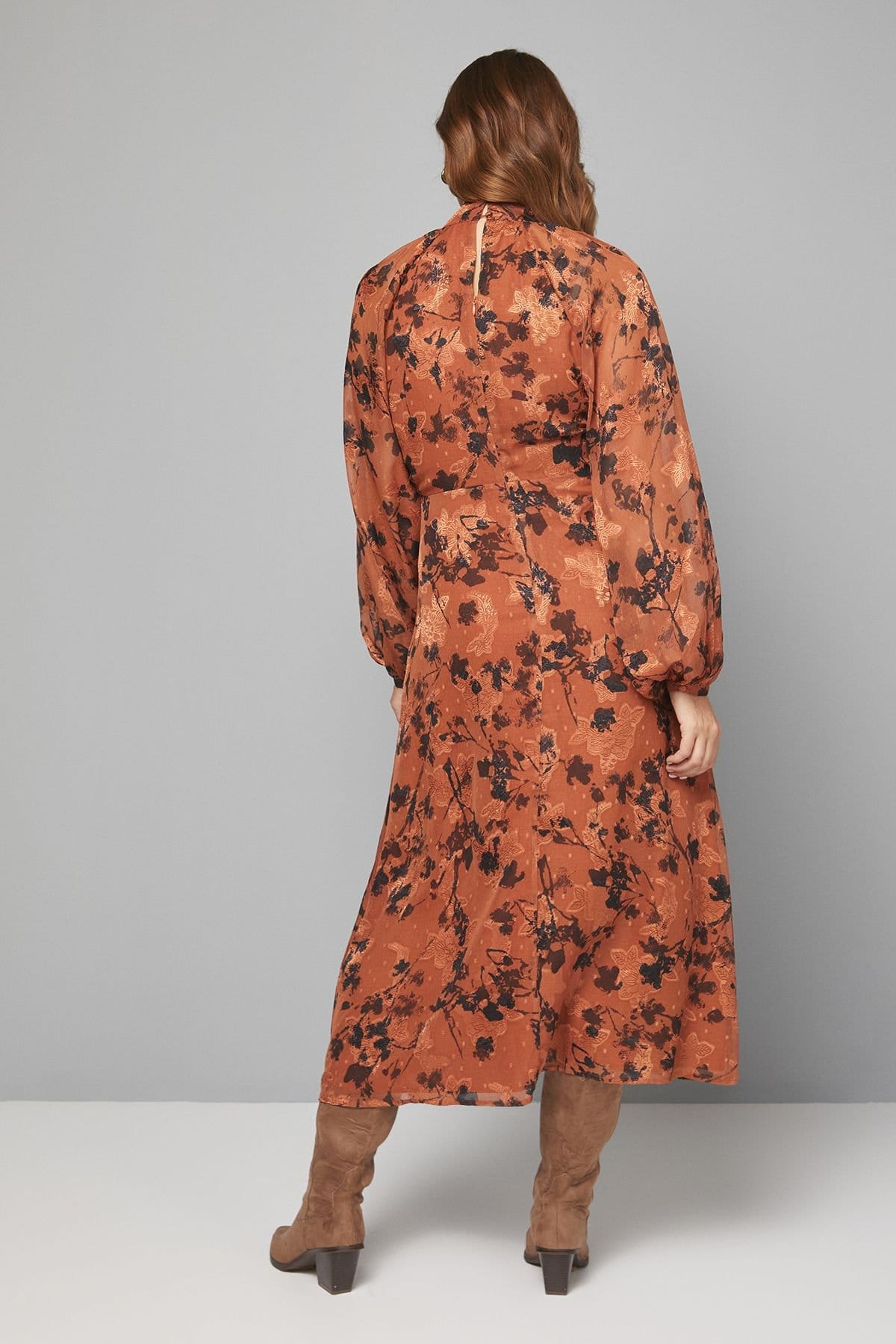 Wallis Wallis Women's Floral Burn Out Tie Neck Midi Dress in Burnt Orange - 4