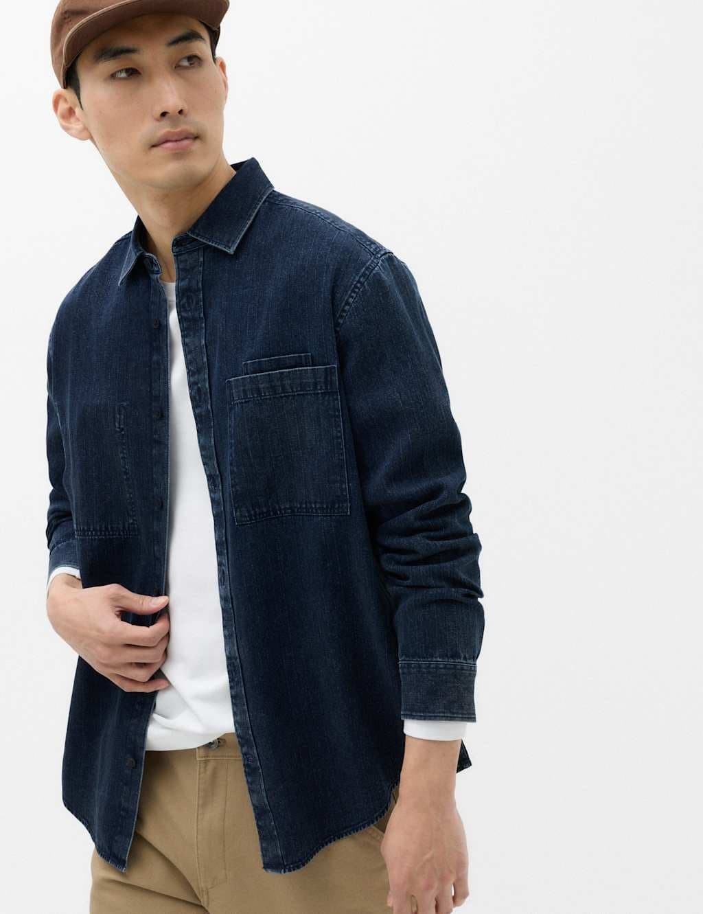 Marks & Spencer M&S Dark Blue Pure Cotton Denim Stripe Shirt