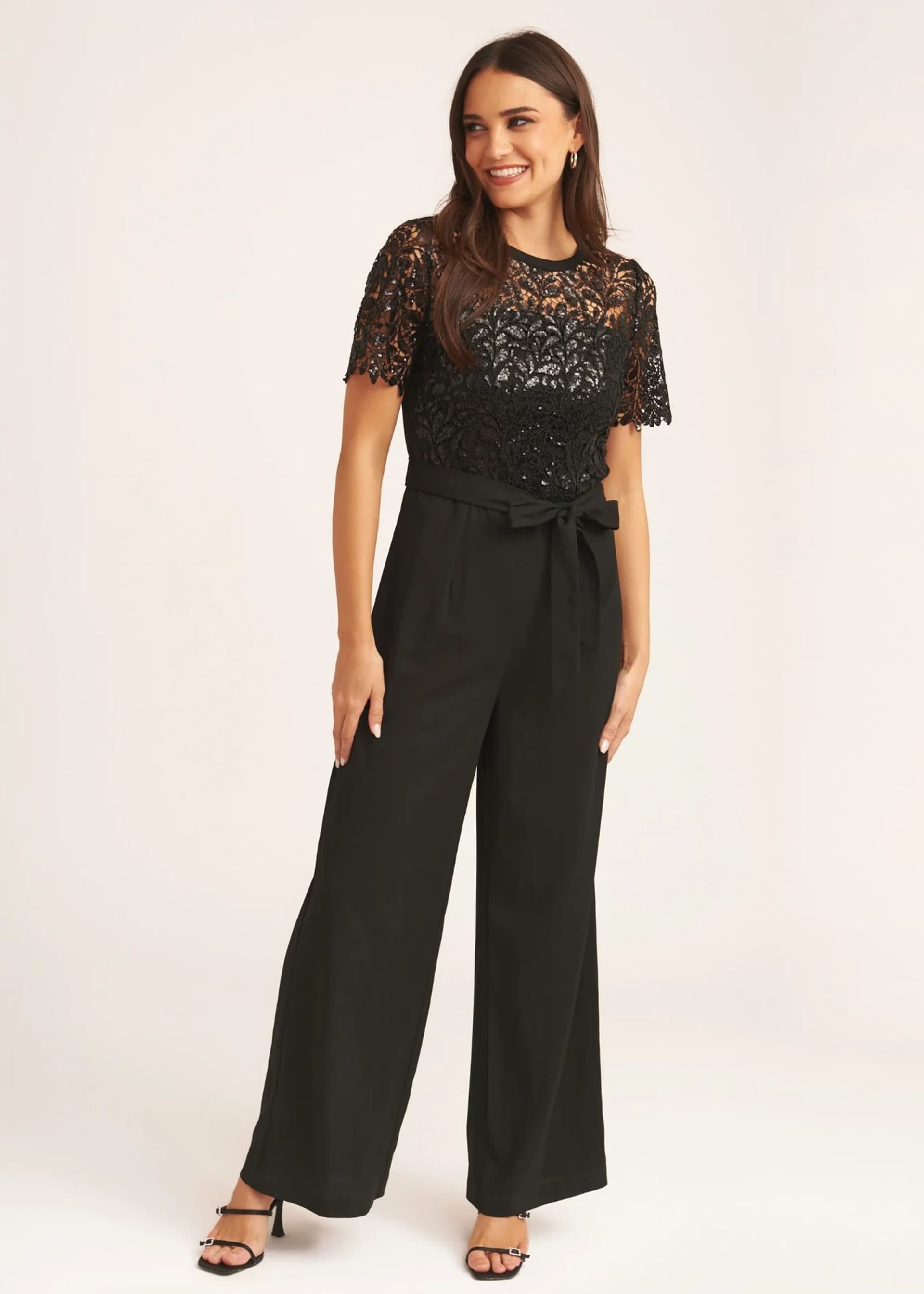 Gini London Gini London Women's Black Floral Lace Sequin Belted Occasional Jumpsuit
