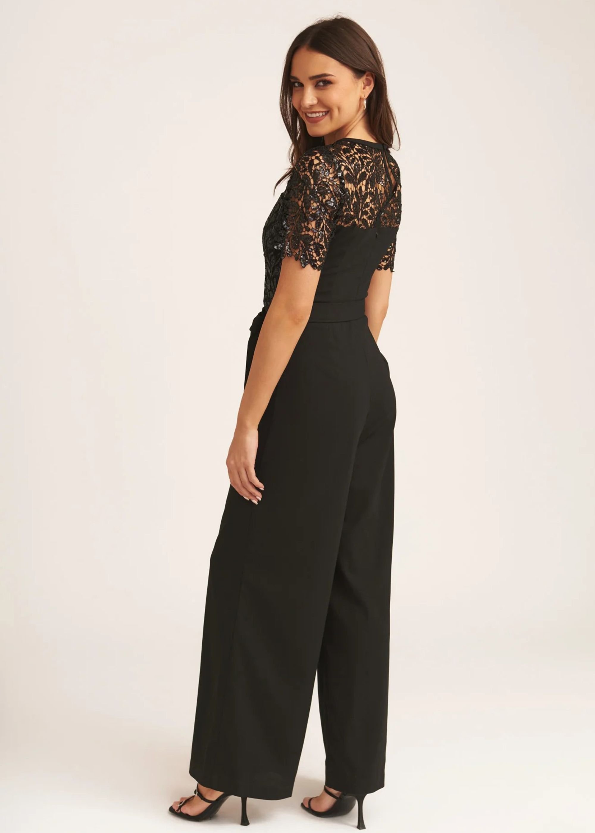 Gini London Gini London Women's Black Floral Lace Sequin Belted Occasional Jumpsuit - 3