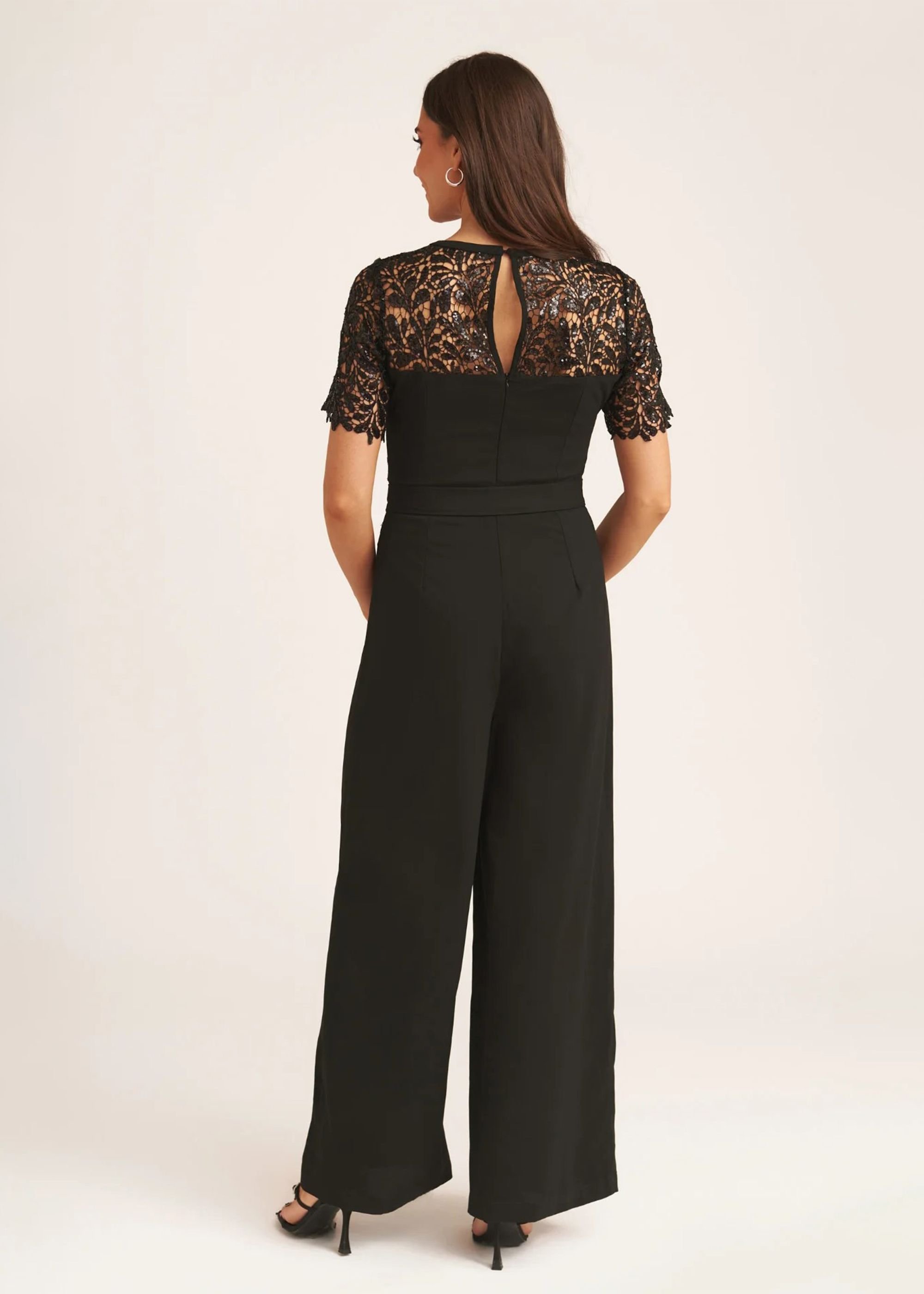 Gini London Gini London Women's Black Floral Lace Sequin Belted Occasional Jumpsuit - 4