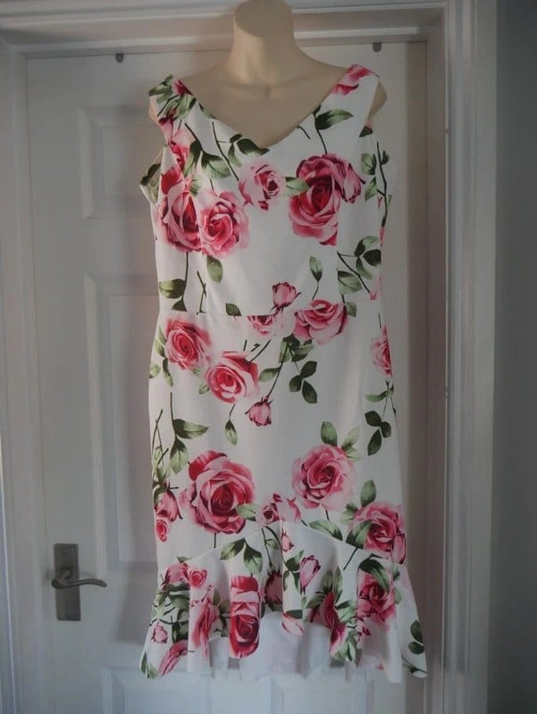 Quiz Quiz Floral Rose Print Midi Peplum Hem Dress UK 18 White Pink Wedding Guest Part - 1