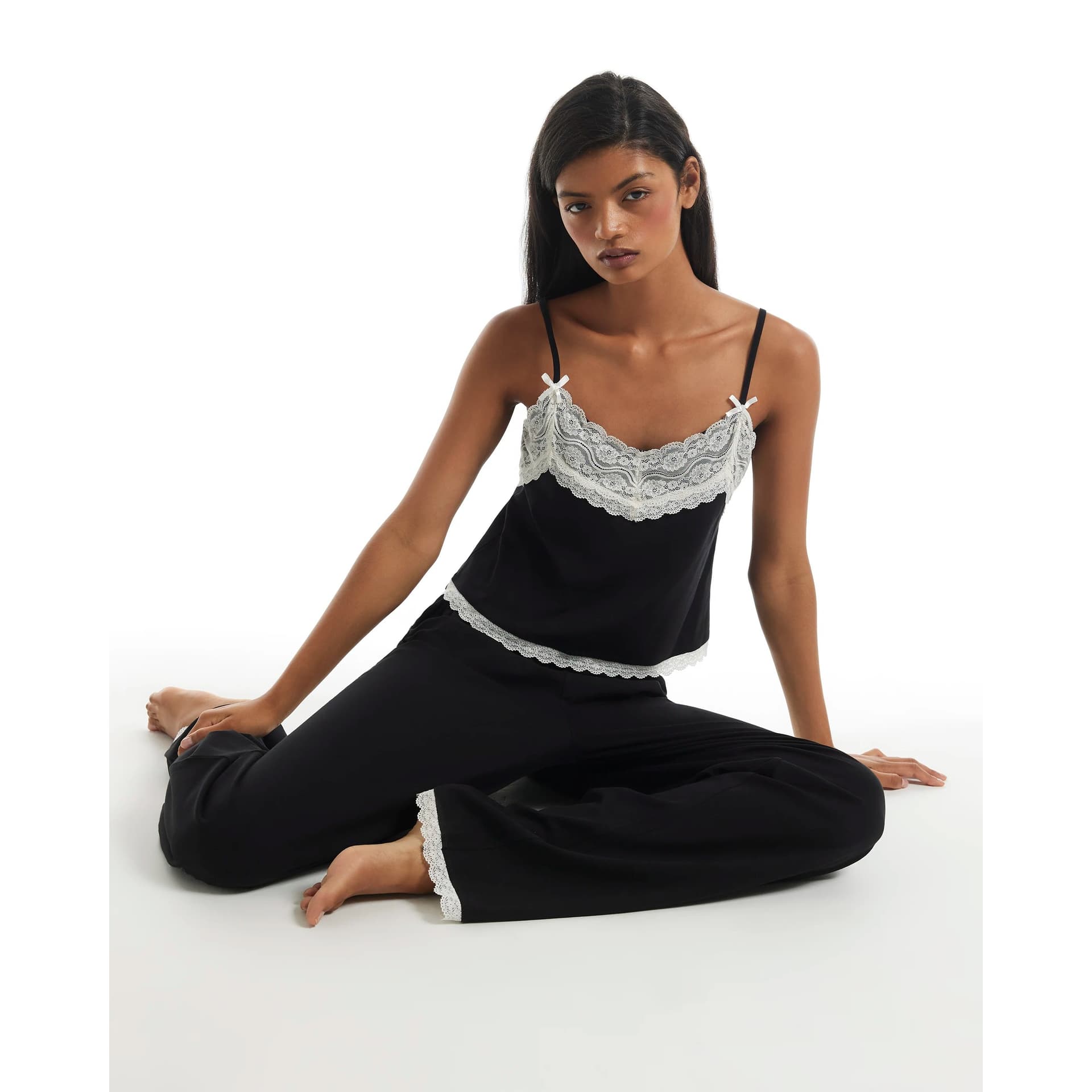River Island River Island Womens Black Cotton Blend Lace Trim Cami Pyjama Set