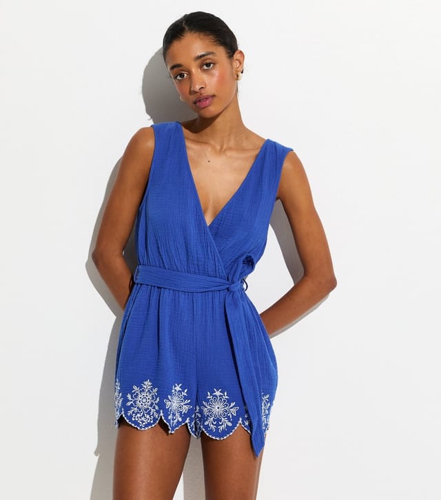 New Look Women's Blue Cotton Embroidered Beach Playsuit New Look - 2