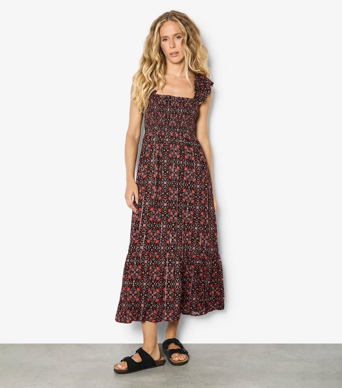 Apricot Women's Black Floral Square Neck Tiered Midi Dress Apricot New Look