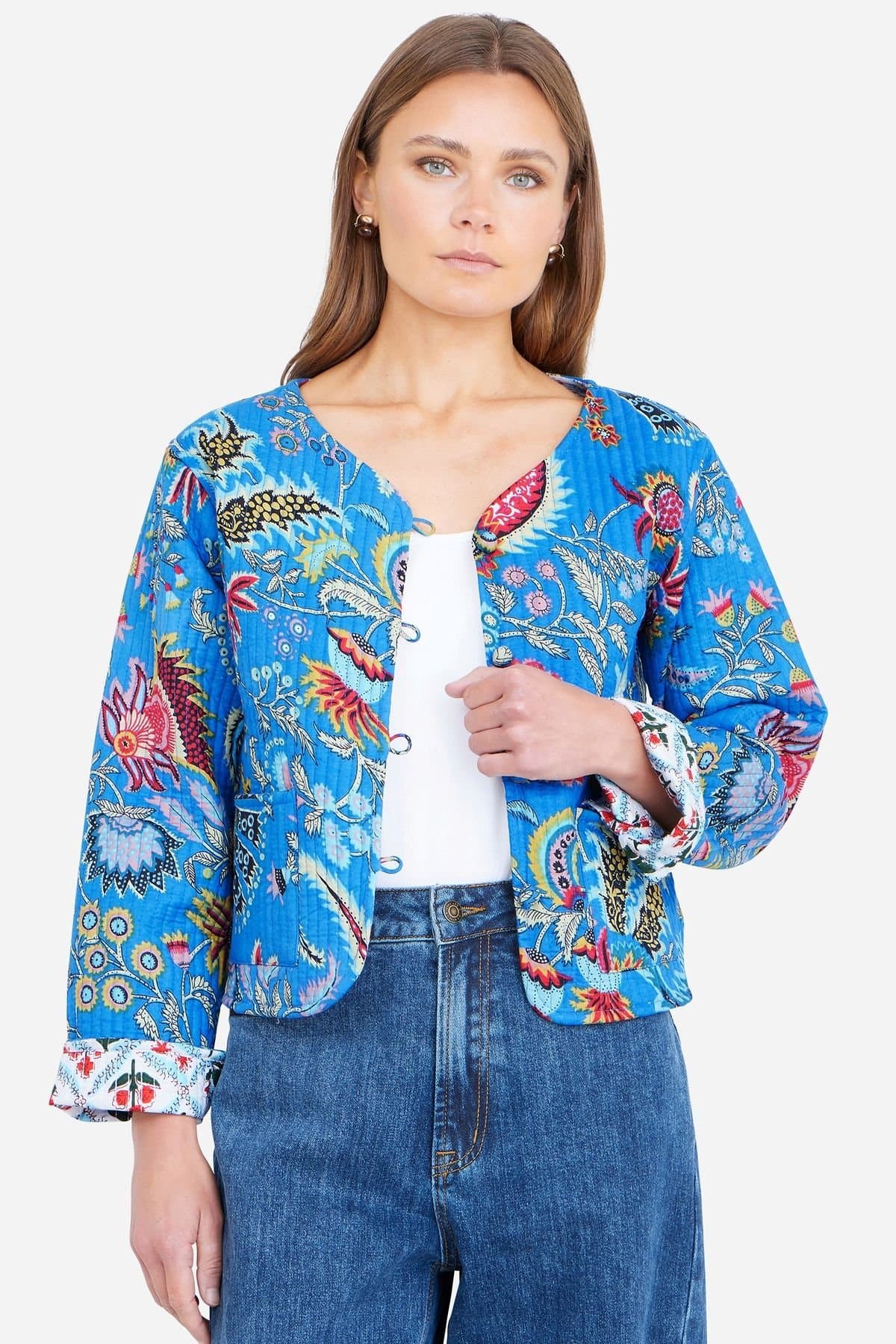 Yumi Yumi Women's Blue Boho Print Cotton Reversible Quilted Jacket in Bright Blue
