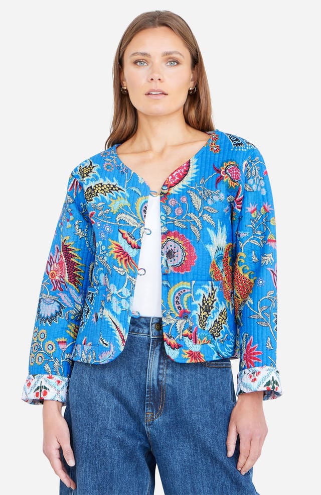 Yumi Yumi Women's Blue Boho Print Cotton Reversible Quilted Jacket in Bright Blue - 2