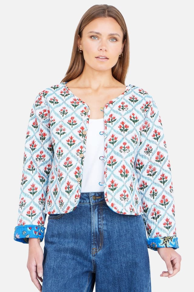 Yumi Yumi Women's Blue Boho Print Cotton Reversible Quilted Jacket in Bright Blue - 3