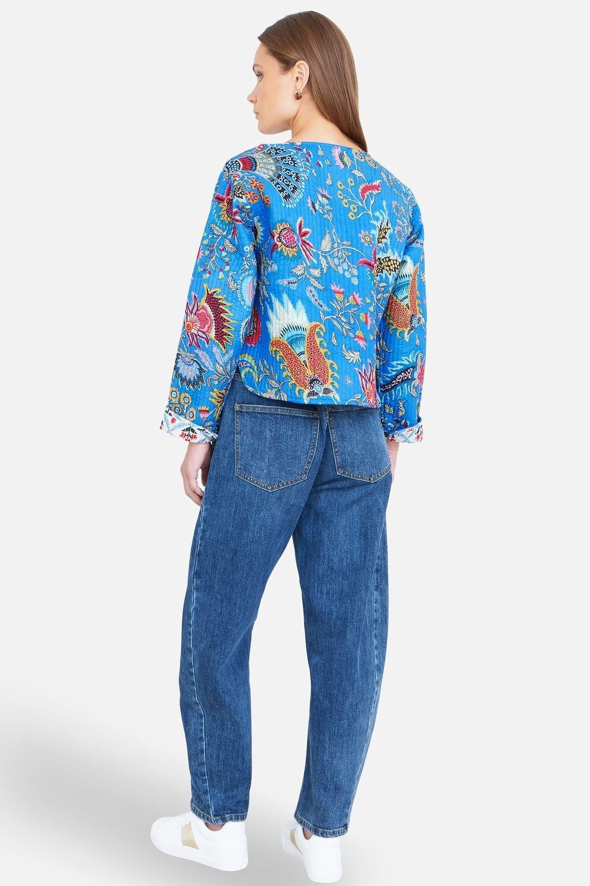 Yumi Yumi Women's Blue Boho Print Cotton Reversible Quilted Jacket in Bright Blue - 4
