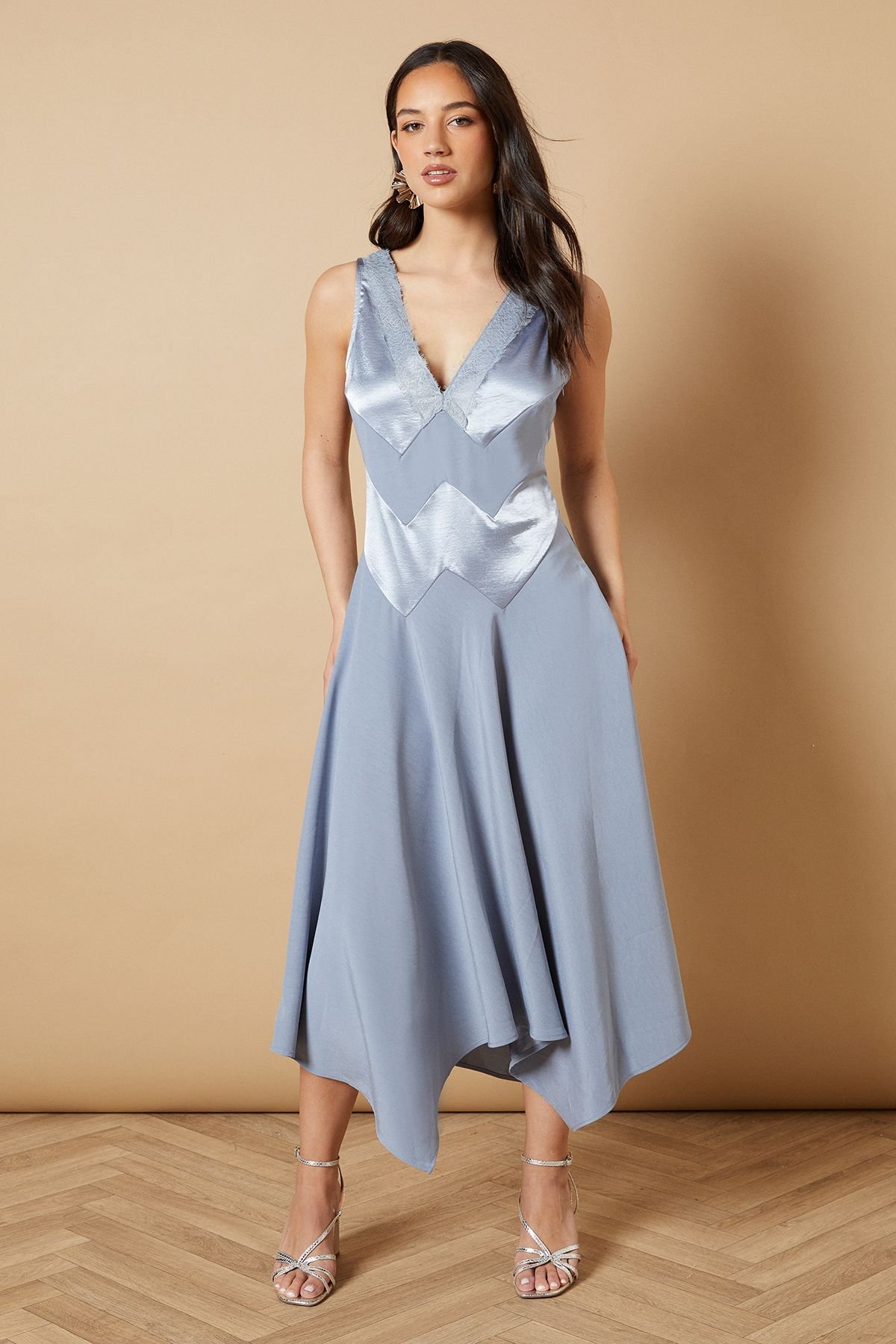 Oasis Oasis Women's V Neck Mesh Asymmetric Midi Dress in Blue - 2