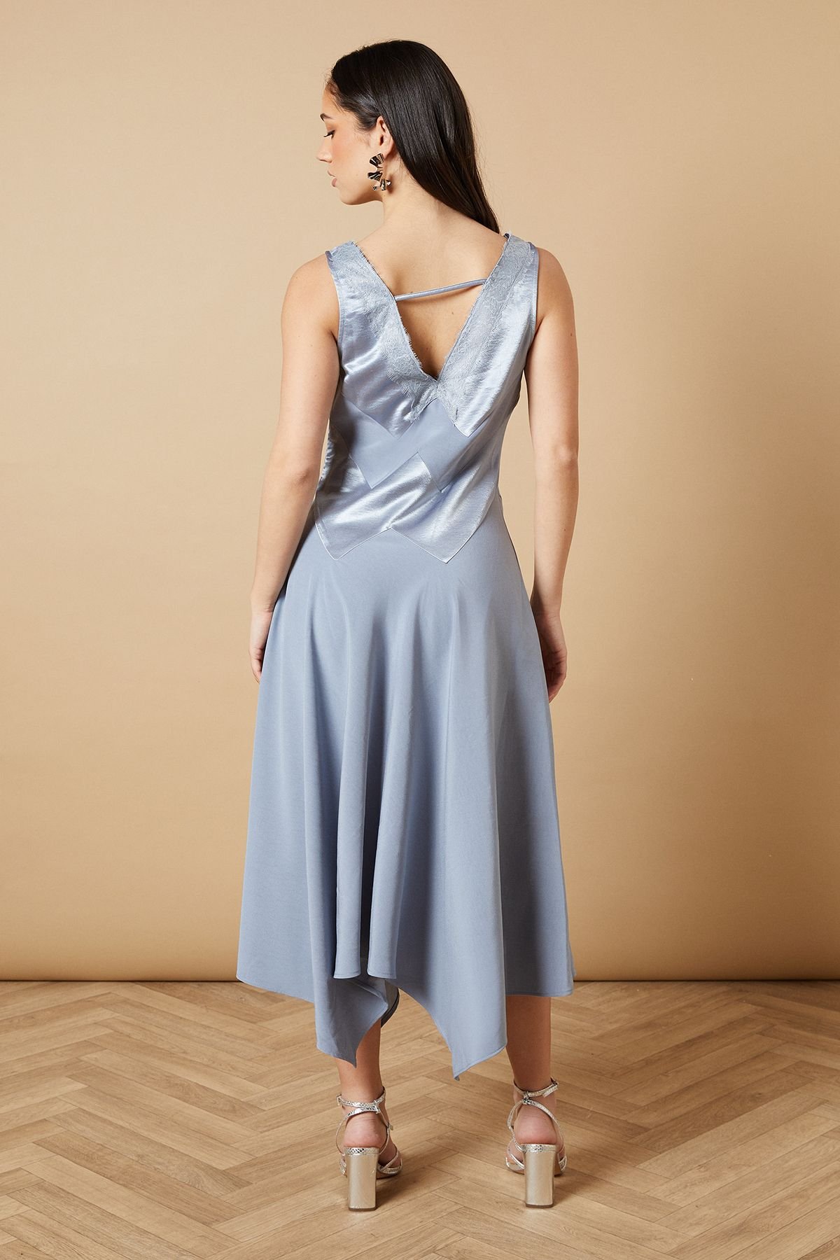 Oasis Oasis Women's V Neck Mesh Asymmetric Midi Dress in Blue - 3