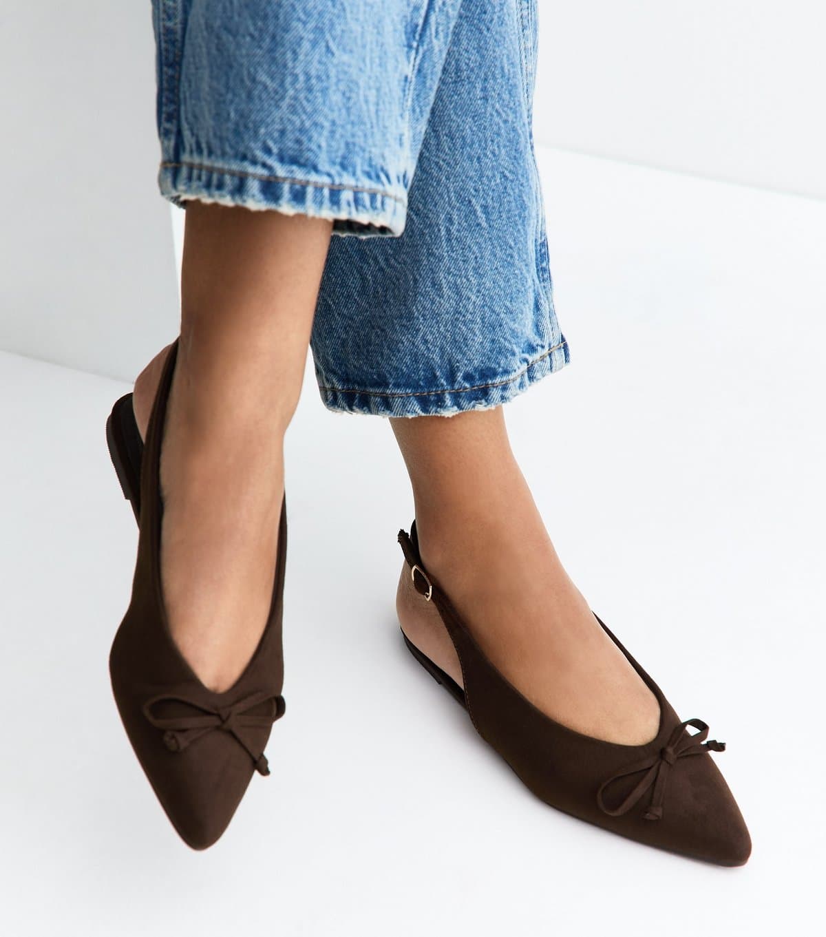 New Look Women's Brown Faux Suede Top Bow Pointed Slingback Pumps Vegan New Look