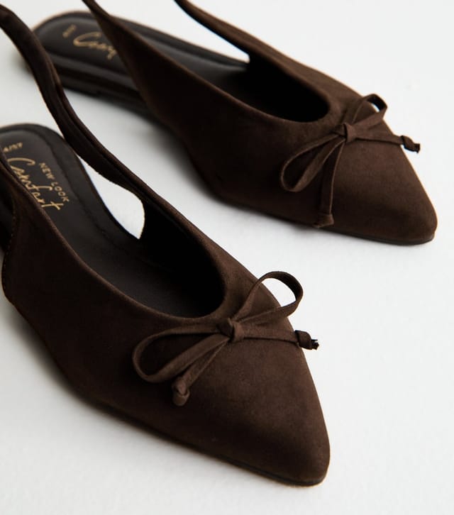 New Look Women's Brown Faux Suede Top Bow Pointed Slingback Pumps Vegan New Look - 3