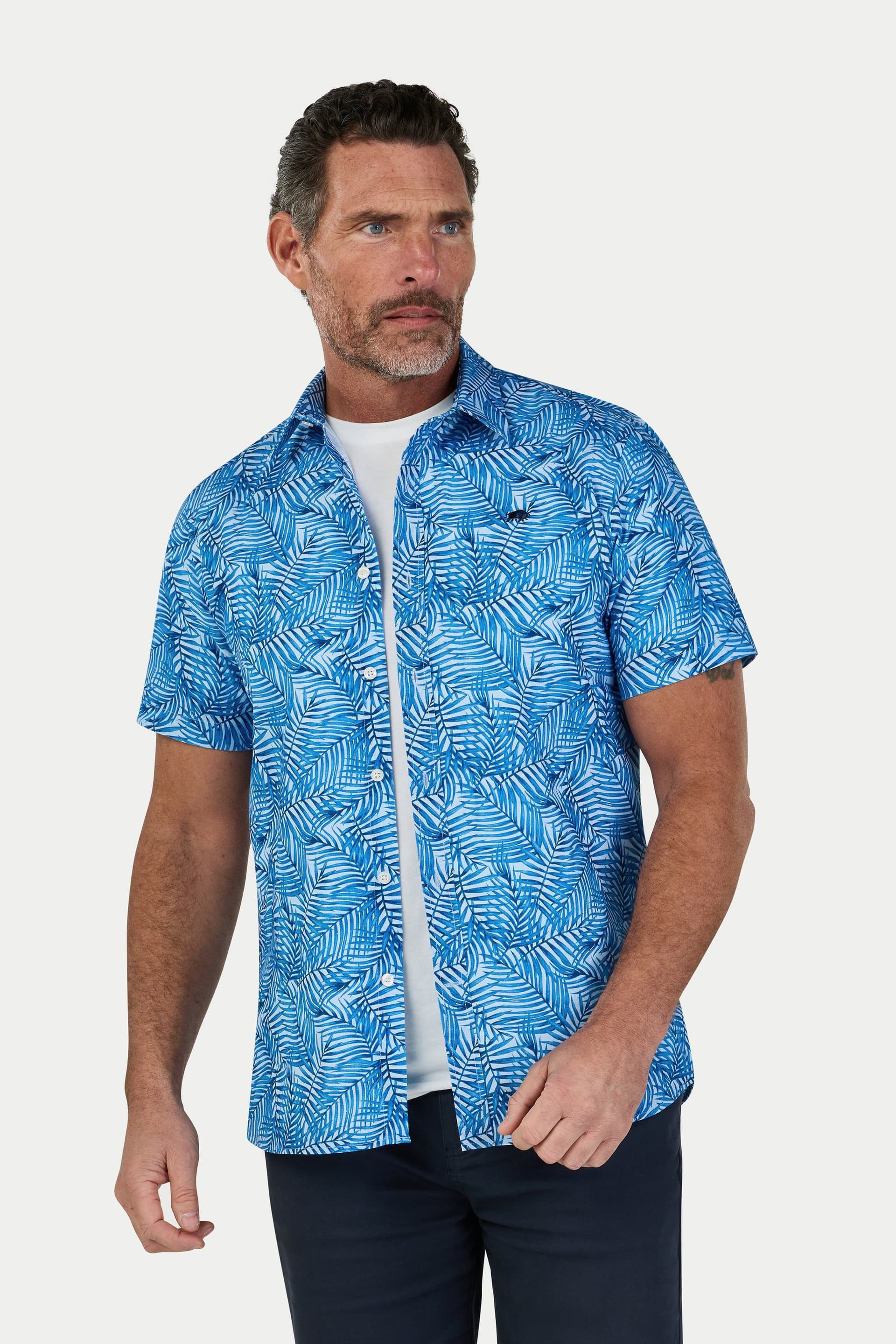 raging bull Raging Bull Men's Short Sleeve Bali Palm Linen Shirt in Light Blue
