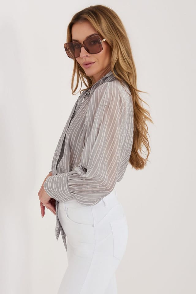 Love Lace Love Lace Women's Lyocell Striped Tie Neck Puff Sleeve Shirt in Grey - 3