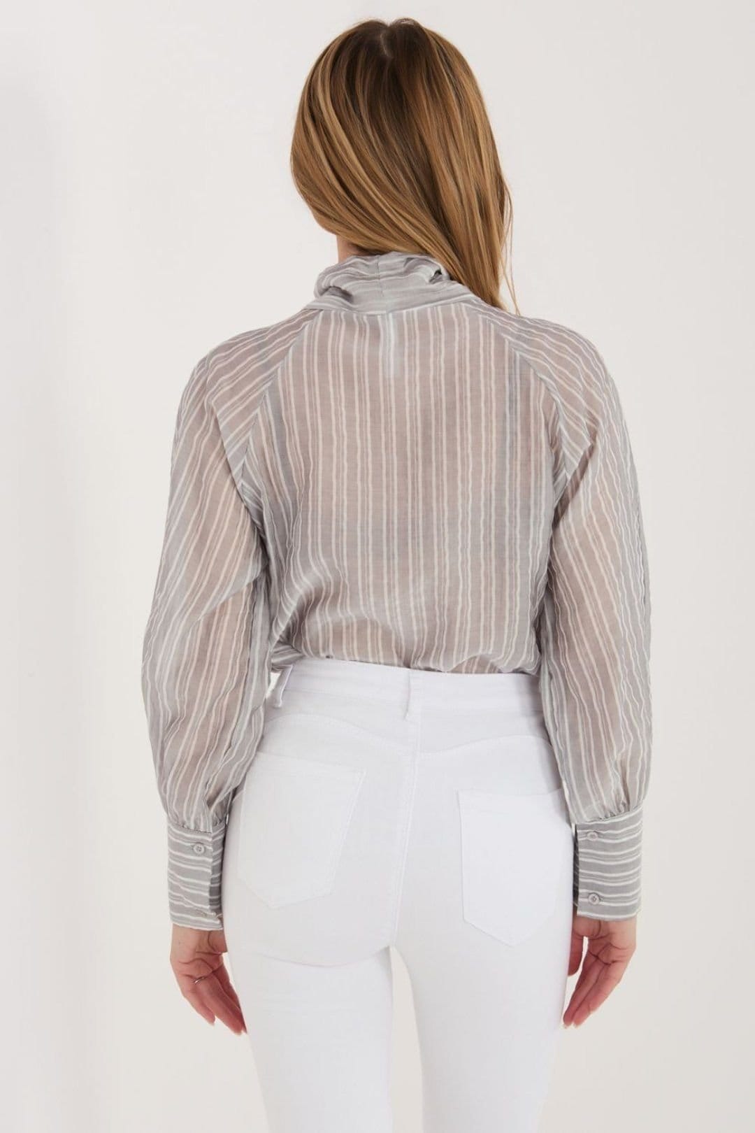 Love Lace Love Lace Women's Lyocell Striped Tie Neck Puff Sleeve Shirt in Grey - 4