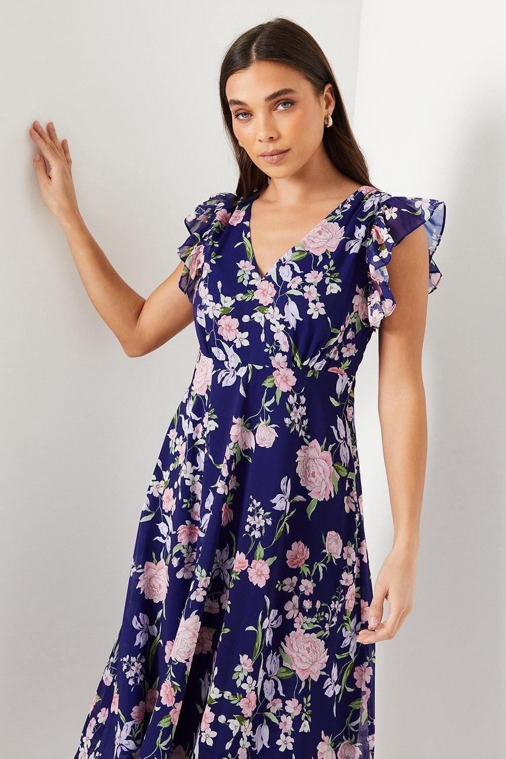 Oasis Oasis Women's Petite Ruffle Shoulder Midi Dress in Navy - 4