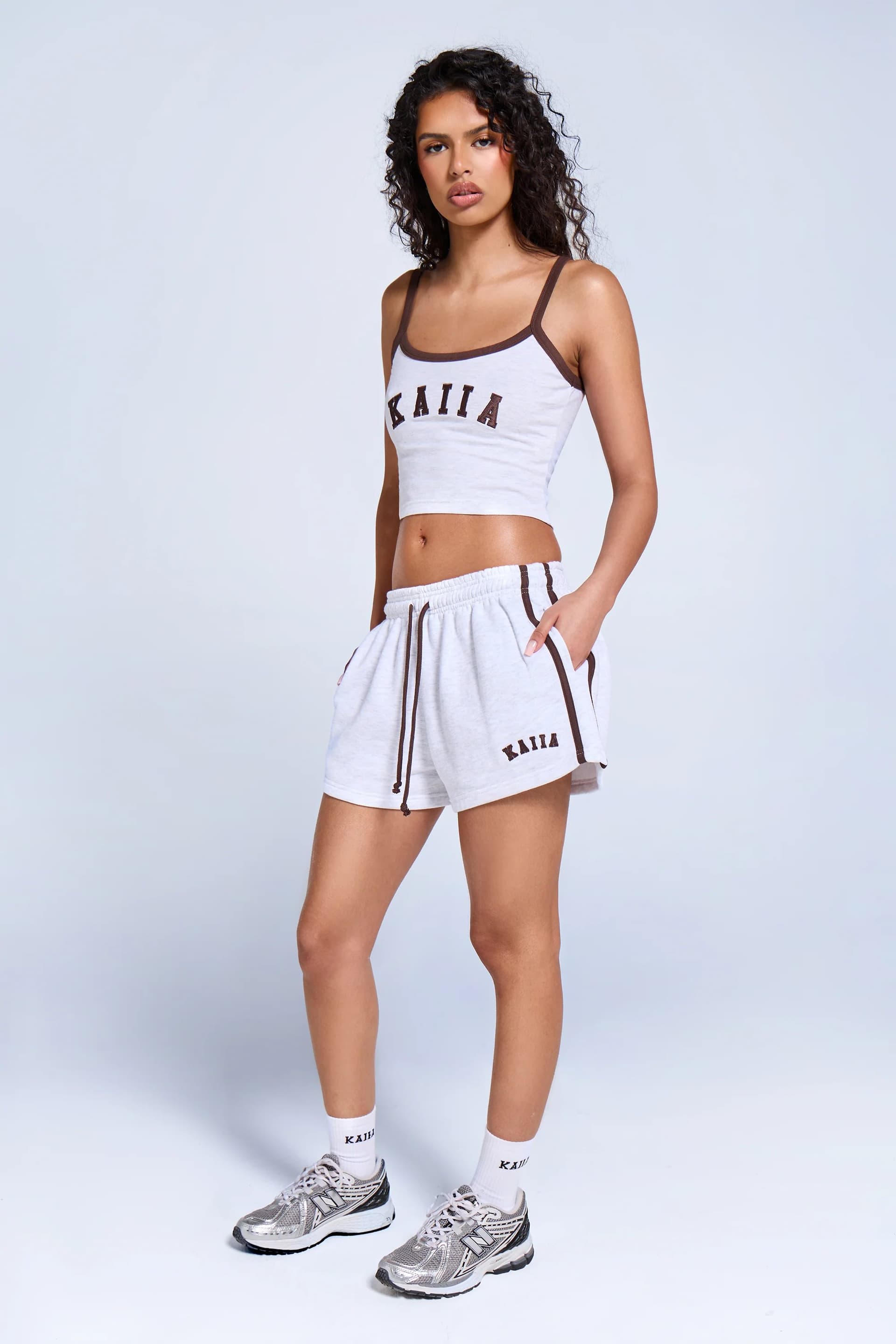 Kaiia Kaiia Sport Side Stripe Mini Shorts Light Grey Marl & Brown