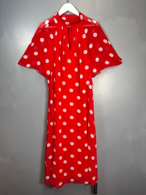 ROMAN New Roman Red High Neck Spot Midi Dress Size 16 Short Sleeve Fit Flare Wedding